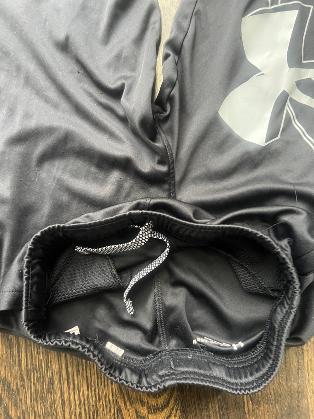 Under Armour Black Men’s Athletic Shorts with Large White Logo - Picture 3 of 4